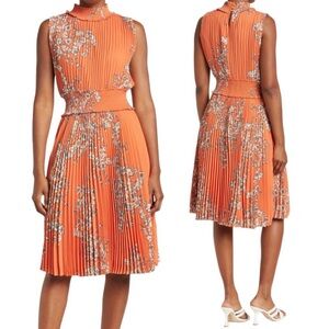 Nanette‎ Lepore Pleated Floral Midi Dress 10 Orange Easter Spring Wedding Guest